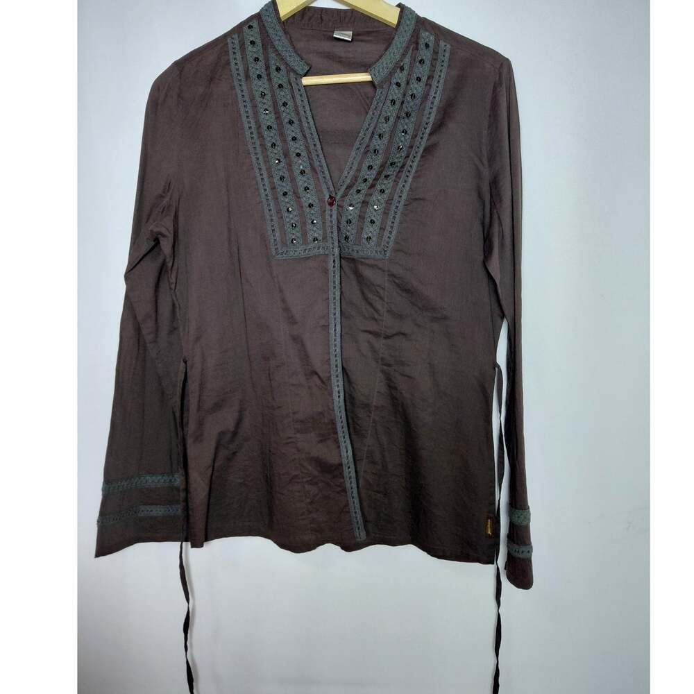 prAna Cotton Embroidered Top Brown Solid Knit Long Sleeve Women Size M